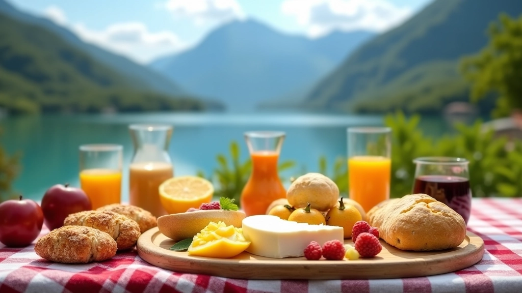 Mesa de picnic con comida, frutas frescas y bebidas en la naturaleza